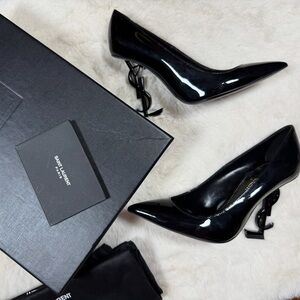 SAINT LAURENT OPYUM BLACK PATENT POINTED TOE PUMPS